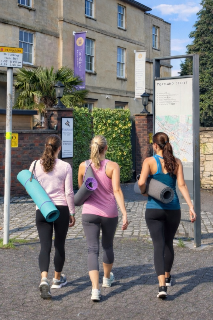 Three women walking with yoga mats on their shoulders towards a street entrance in an urban area, with buildings, a map sign, and a lush green wall in the background.