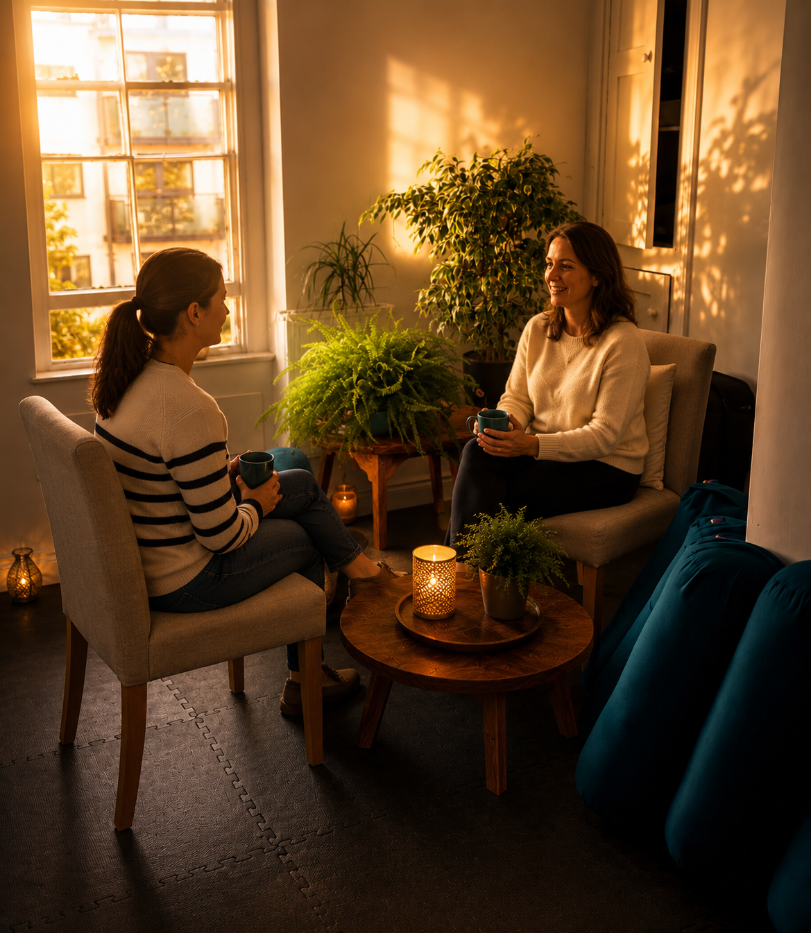 Two women sitting in a cozy living room, chatting and holding mugs, with plants and warm candlelight