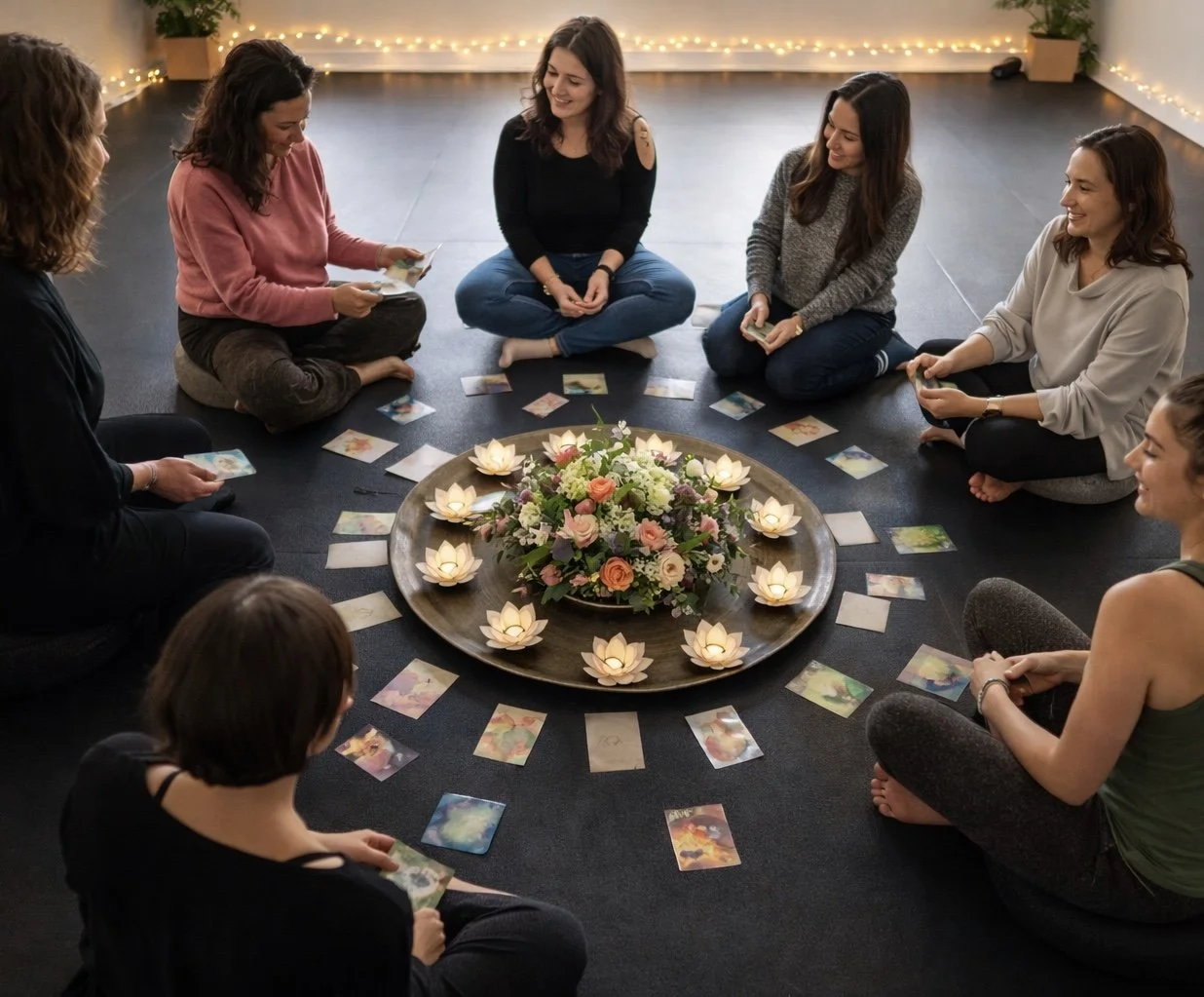 Six women sitting cross-legged in a circle on the floor, engaged in a tarot card reading session, with a large floral centerpiece and decorative candles in the middle of the circle, and string lights hanging on the back wall.