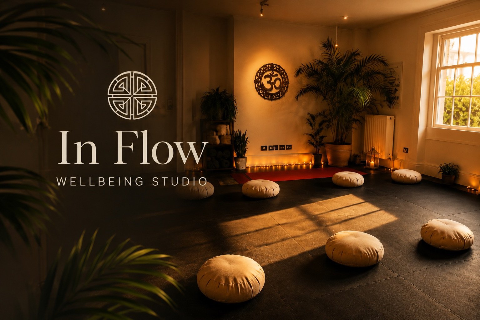 A dimly lit meditation room with cushions on the floor, potted plants, and spiritual symbols on the wall, suggesting a wellness or yoga studio.