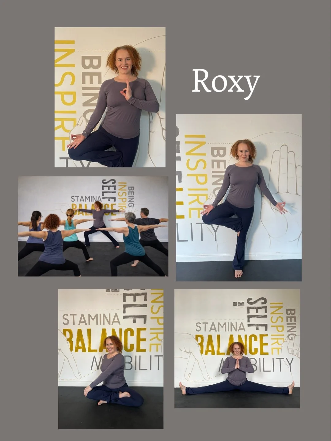 Roxy practicing yoga poses in a fitness studio with a wall display of words related to wellness and balance.