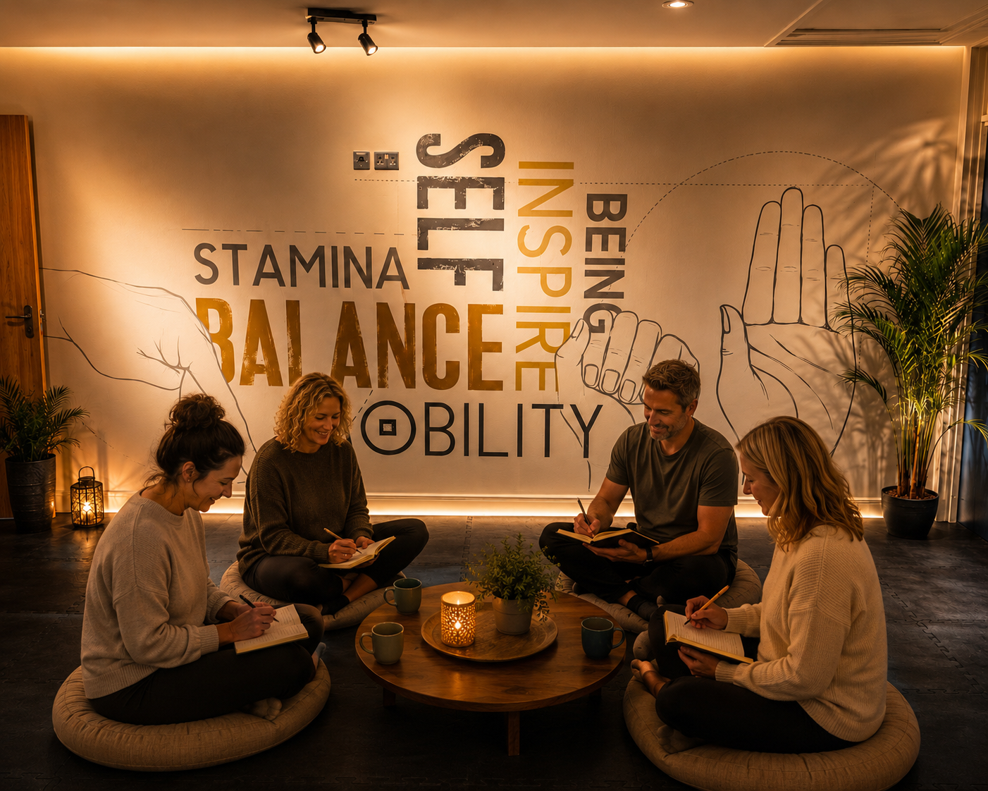 A group of five people sitting on floor cushions around a small round table with a lit candle and small plant, writing in notebooks, in a warmly lit room with a mural on the wall featuring words like 'balance', 'self', and 'mobility'.