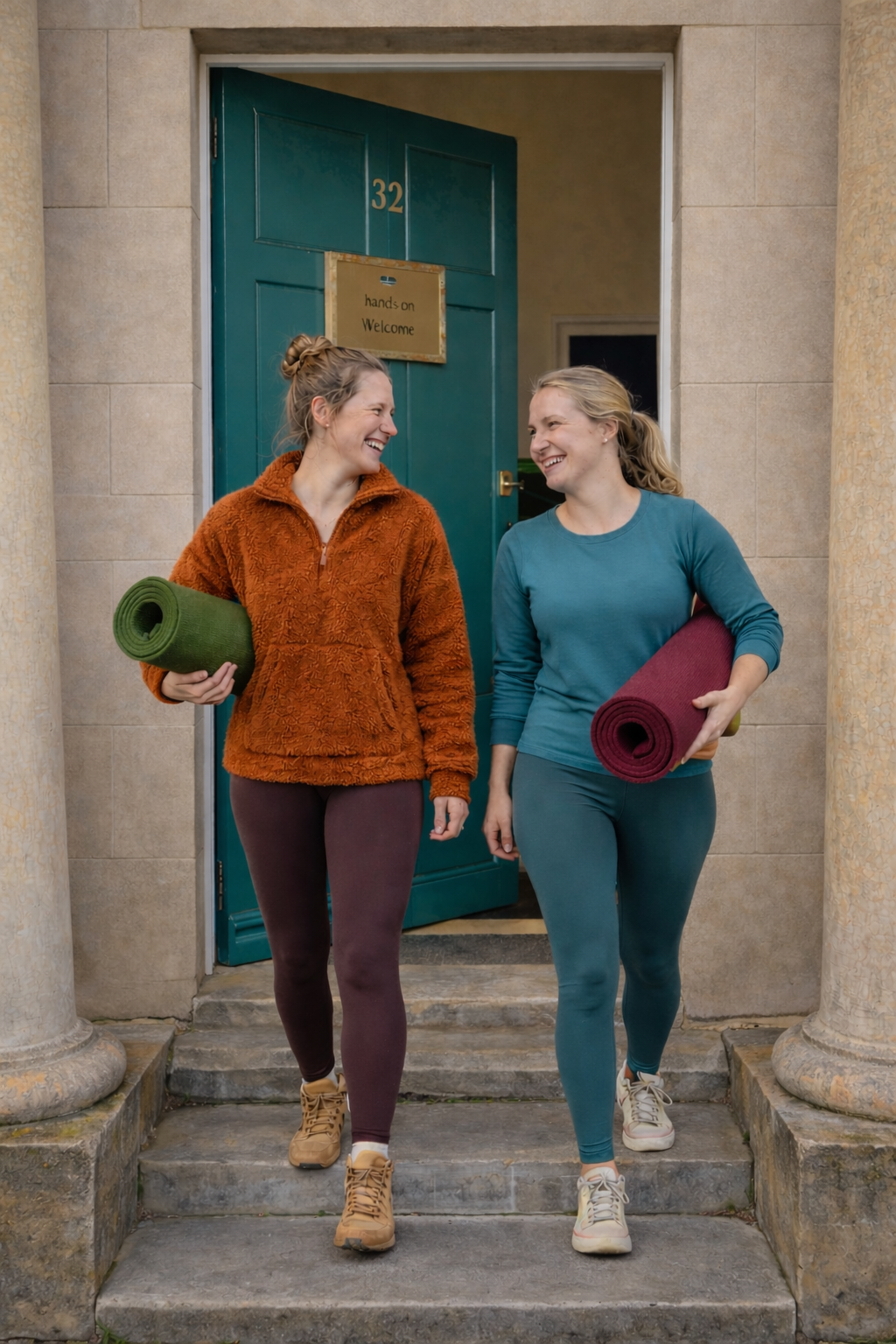 Two women carrying yoga mats walking down steps from a building with colonnades, smiling and looking at each other.