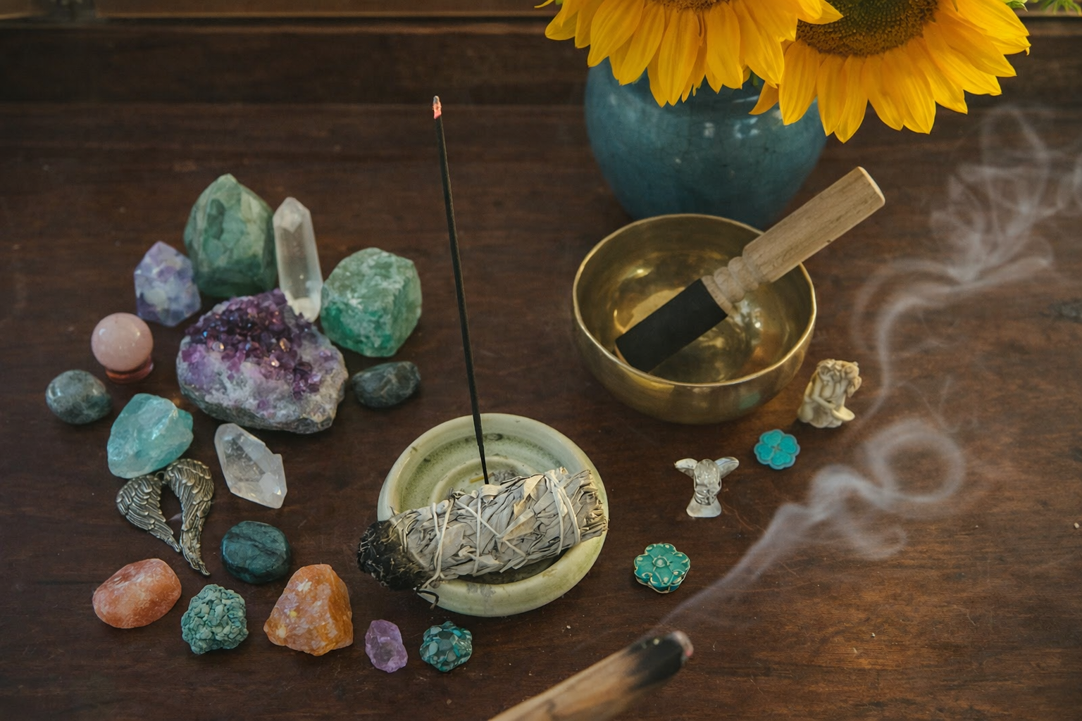 Arrangement of crystals, gemstones, tarot cards, incense, and a singing bowl on a wooden surface with a vase of sunflowers in the background.