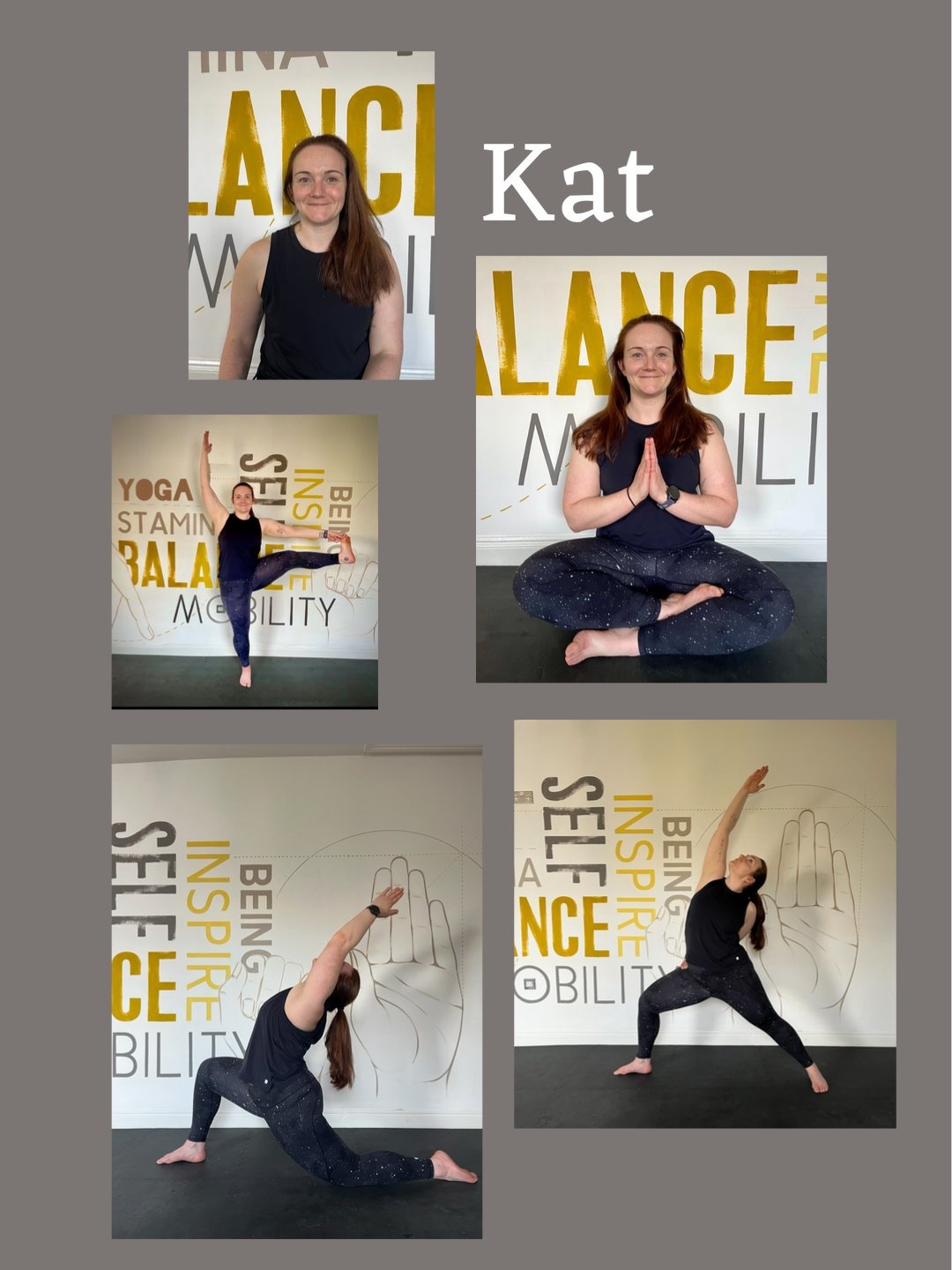 A collage of five images featuring a woman practicing yoga and performing yoga poses at a studio with a wall display containing words like 'Balance,' 'Inspire,' and 'Mobility.' In the top middle image, she is sitting cross-legged with hands in a prayer position.