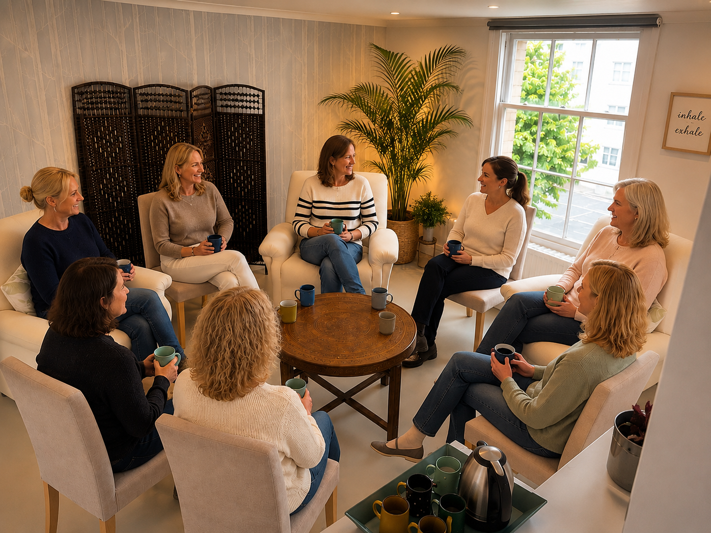 A group of women having a casual meeting or discussion in a cozy living room with natural light, sitting on couches and chairs around a circular wooden table holding mugs, with plants and a window in the background.