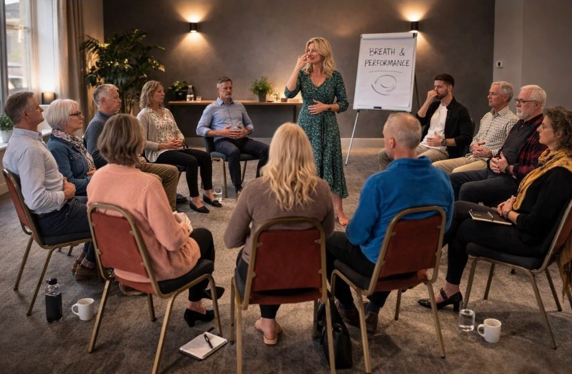 A woman leading a workshop or seminar on breath and performance, with a flip chart behind her, and an audience seated in a semi-circle in a conference room.