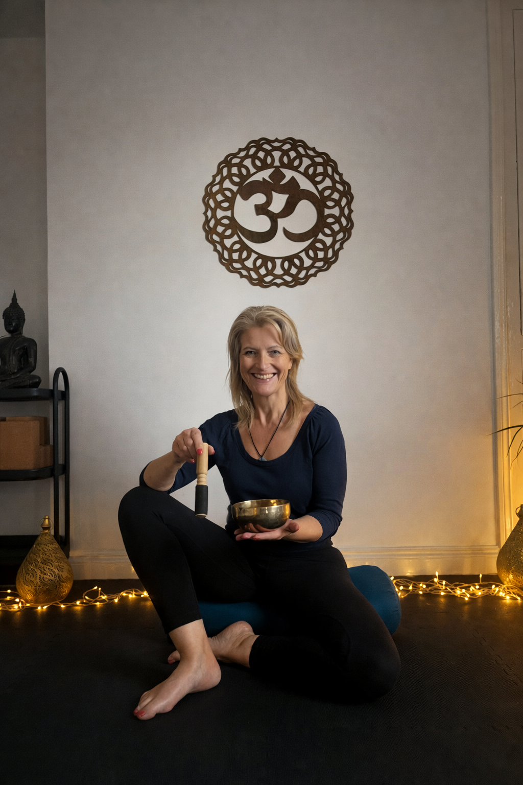 A woman sitting on a yoga mat, smiling, holding a singing bowl in her lap and a mallet in her hand, in a yoga or meditation space with a decorative wall hanging of an Om symbol behind her and string lights on the floor.