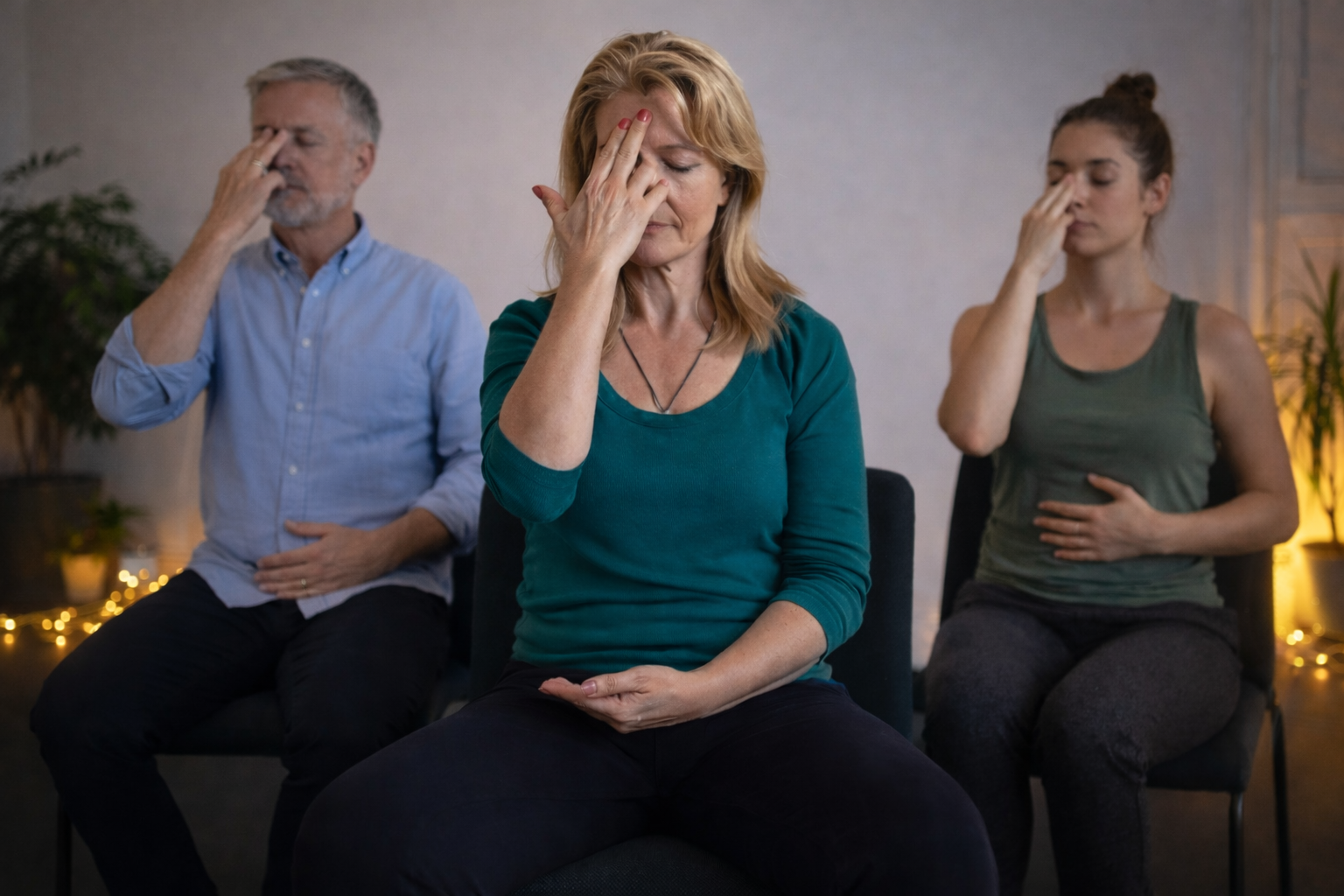 Three adults participating in a meditation or mindfulness session, sitting on chairs with eyes closed, with one woman in the center and two individuals on either side, in a softly lit room with plants and warm lighting.