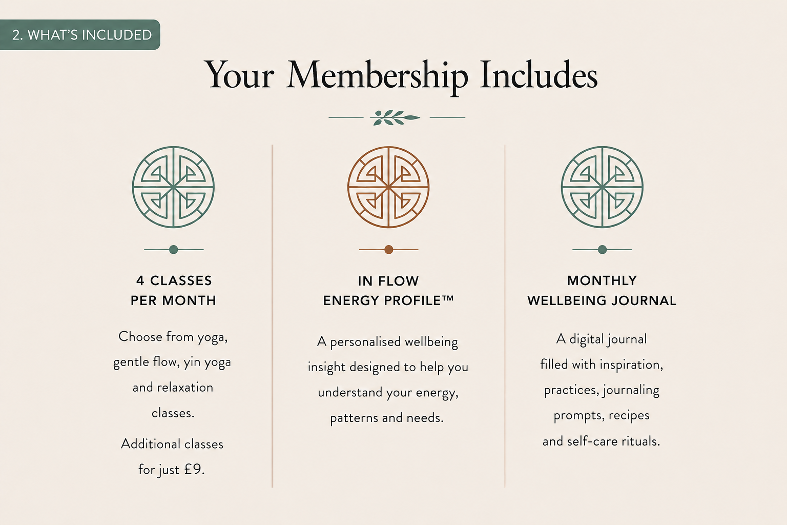 A promotional page detailing membership benefits including four weekly classes, a personalized energy profile, and a monthly wellbeing journal.