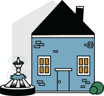 En blå liten hus med fire vinduer, en dør i midten, en dryppende fontene med en skål, og en grønn ball til høyre.