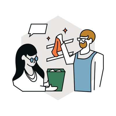 Todeling av varer mellom en mann og en kvinne i en butikk, med varen i en papirkjøpepose.