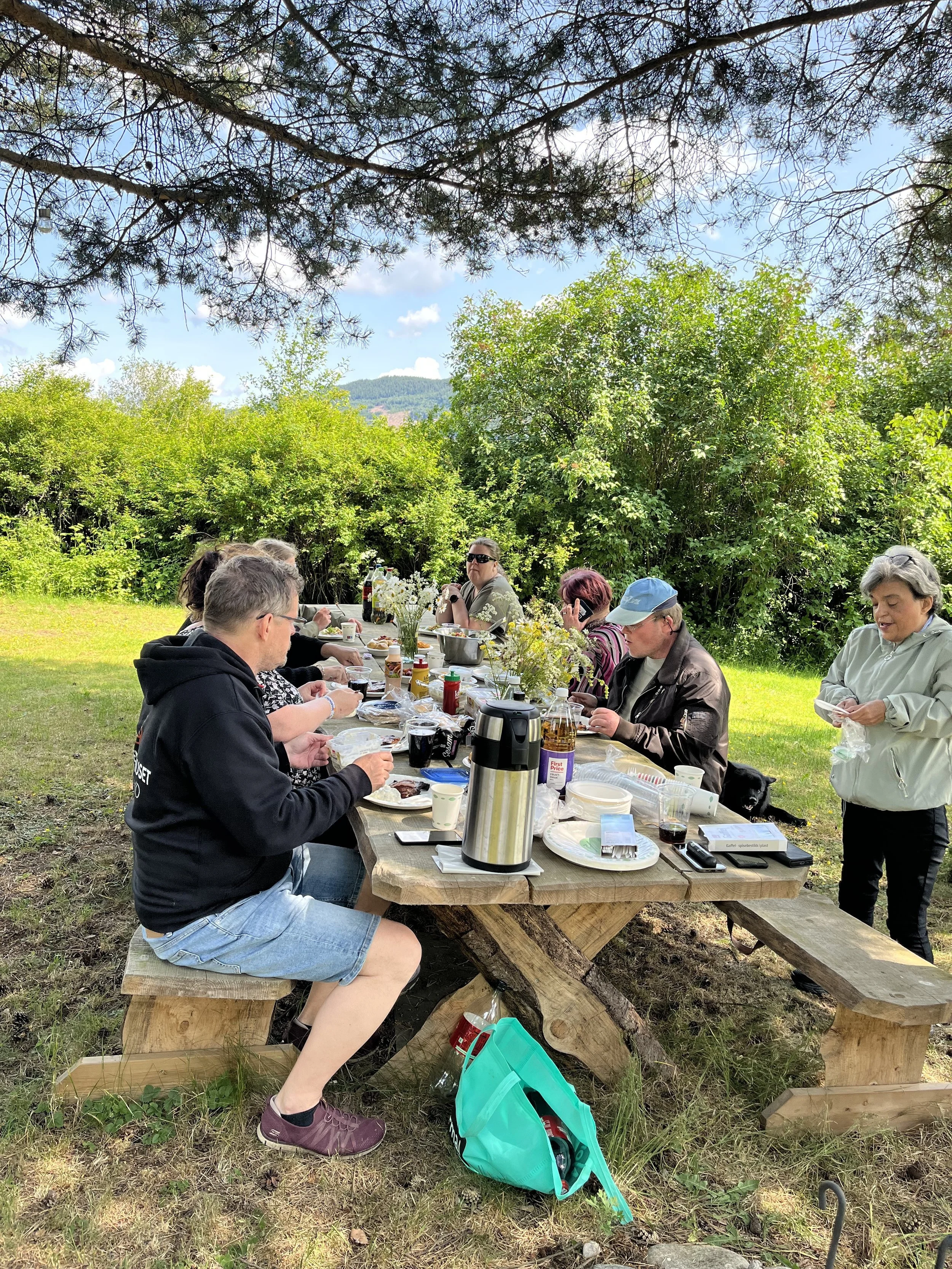 Gruppe mennesker som har piknik ved et langbord utenfor, omgitt av grønne busker og trær på en solrik dag.