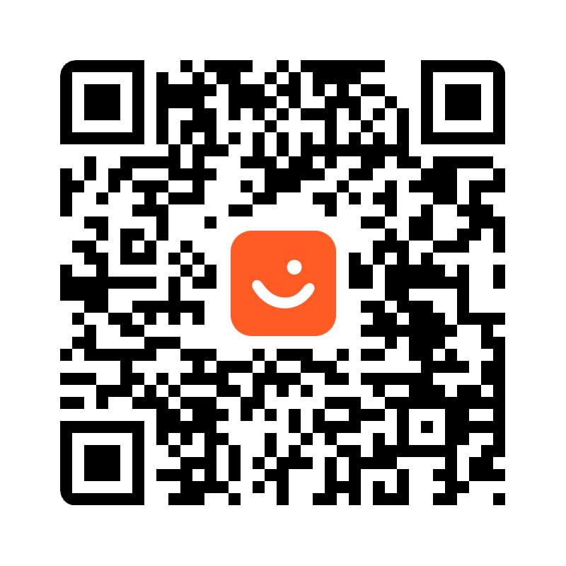 En QR-kode med en oransje logo med et smilende ansikt i midten.