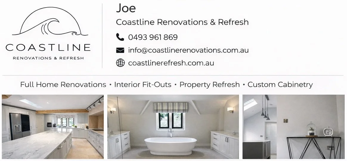 Business card for Coastline Renovations & Refresh featuring contact information and logo, with images of renovated kitchen, bathroom, and living space.