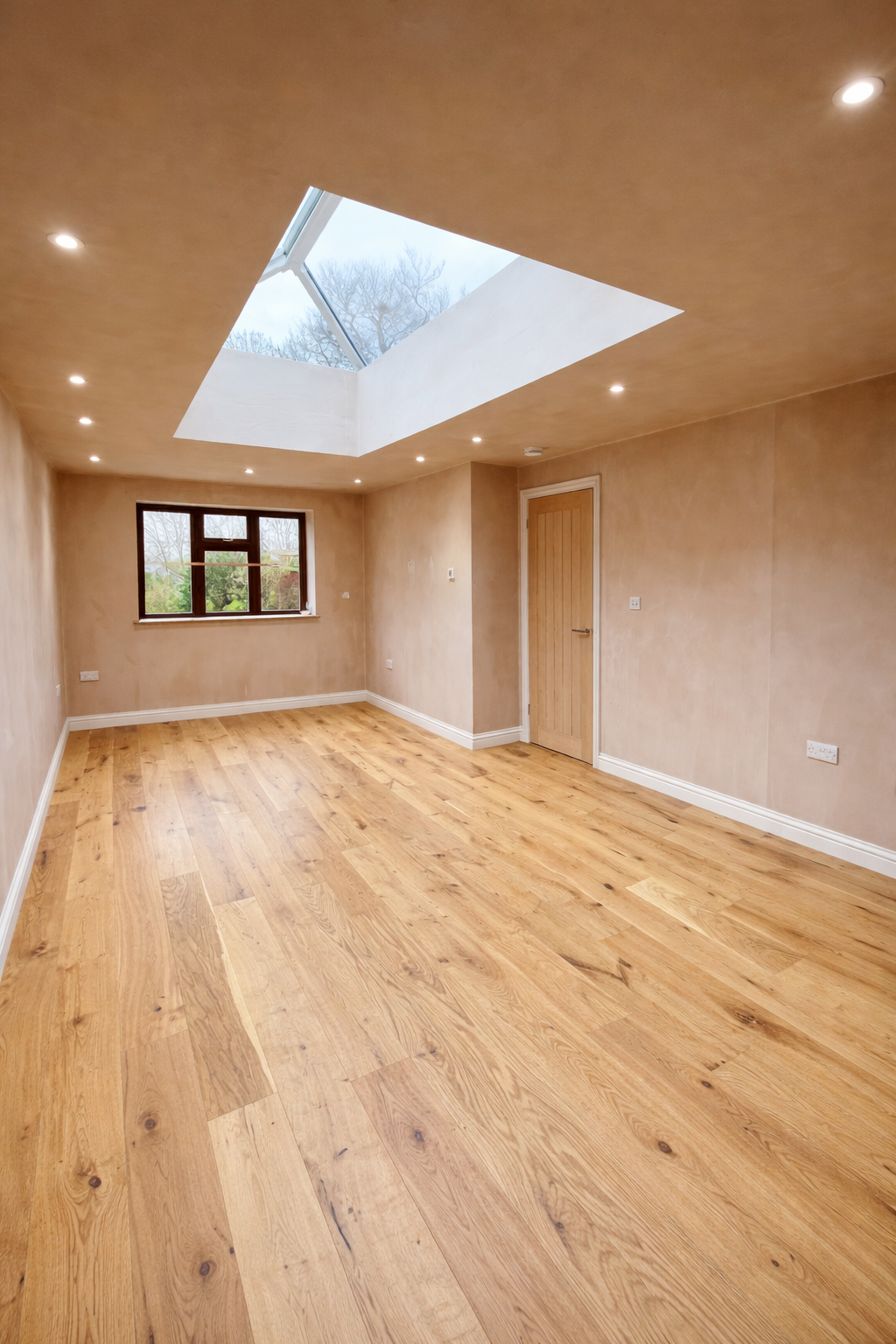 Empty room with wooden flooring, beige walls, a window with a view of trees, and a skylight in the ceiling letting in natural light.