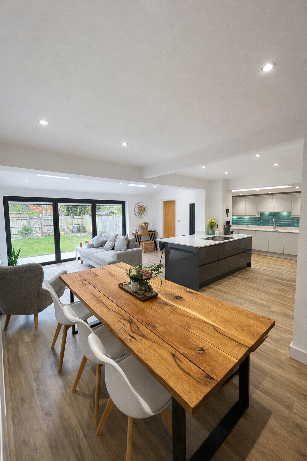 Open-concept living and dining area with large windows showing a backyard, modern kitchen with island, and wooden dining table with white chairs.