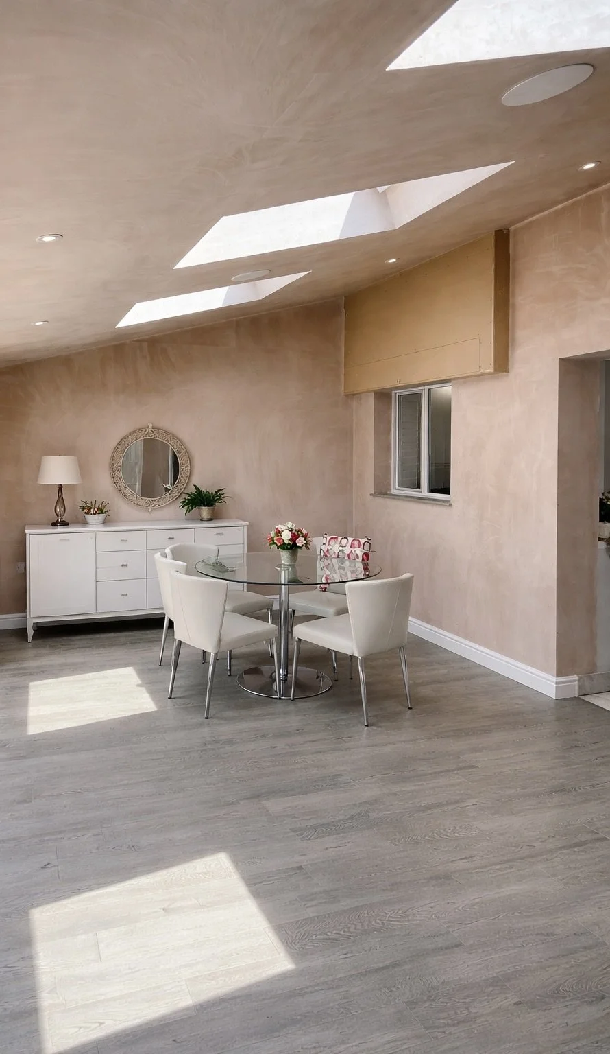 Bright dining area with a round glass table, four white chairs, a white sideboard with a round mirror, two plants, a table lamp, and a floral centerpiece. Skylights brighten the beige walls and light wood flooring.