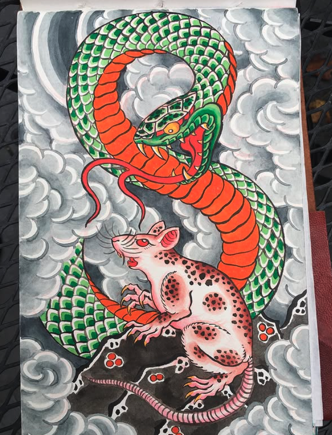 A colorful tattoo-style artwork featuring a coiled green-and-orange snake with scales, a fierce gray mouse with black spots, and a dark rock surface with small red and white details, surrounded by stylized gray clouds.