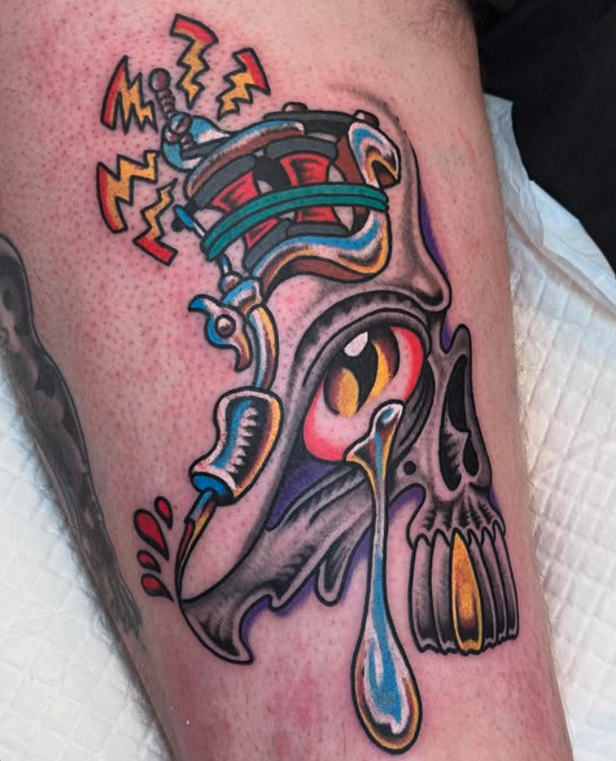 Colorful tattoo of a skull with a dripping eye, a snake, and an exposed electrical device with lightning bolts.