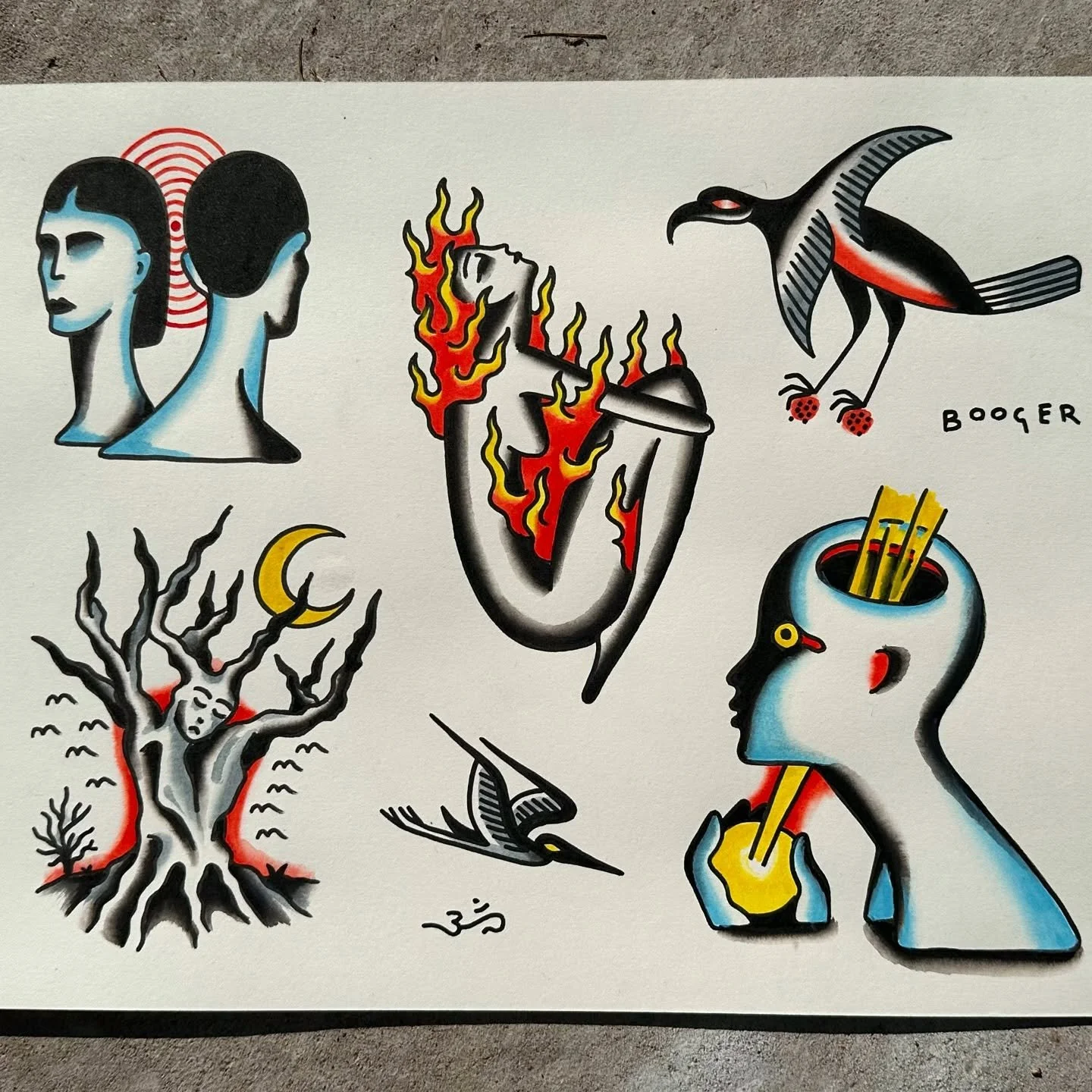 Collection of seven stylized tattoo-style illustrations including two women with dark hair and pale skin, one with blue highlights, one with flames on her body, a bird with berries labeled "BOO GER," a burning figure with a bonnet, a leafless tree wi