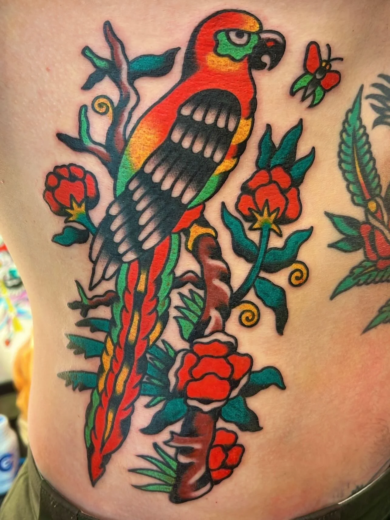 Colorful tattoo of a parrot perched on a branch, surrounded by flowers, leaves, a butterfly, and a small snake, with bold black outlines and vibrant colors.