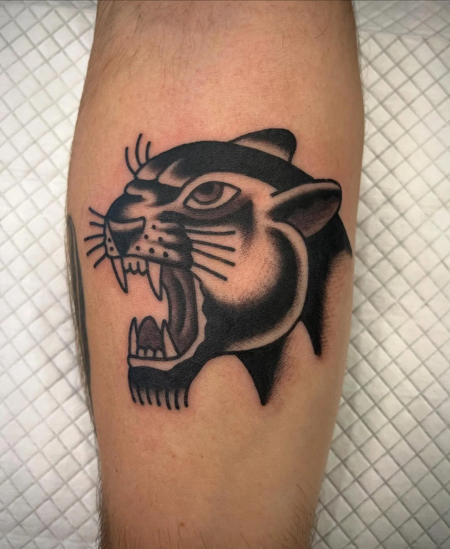 Tattoo of a fierce panther with its mouth open, showing sharp teeth, in black ink on someone's skin.