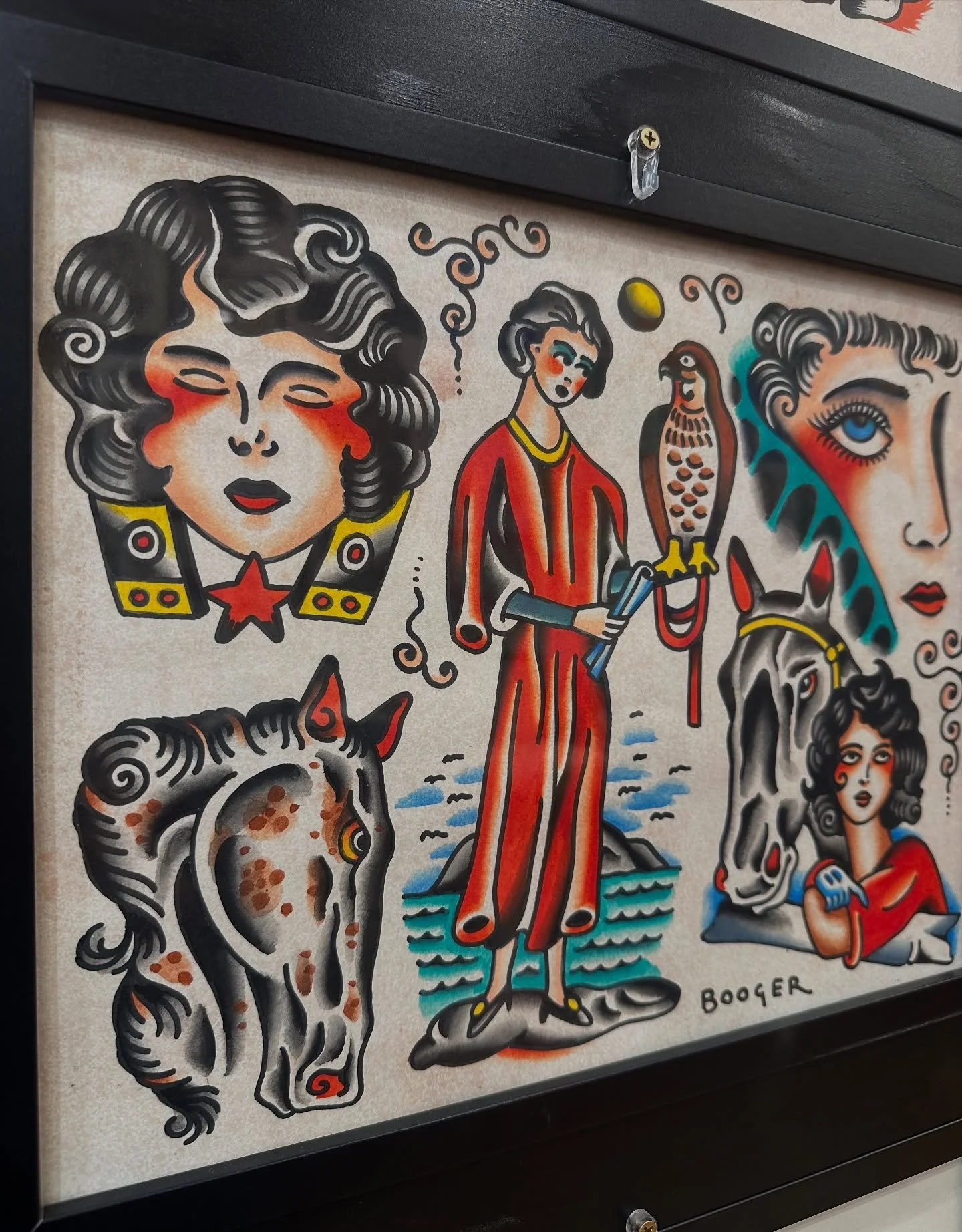 Colorful cartoon-style artwork featuring various portraits of women, a horse, a bird of prey, a woman in red standing on rocks near water, and a woman with a spear, all with bold outlines and vibrant colors.