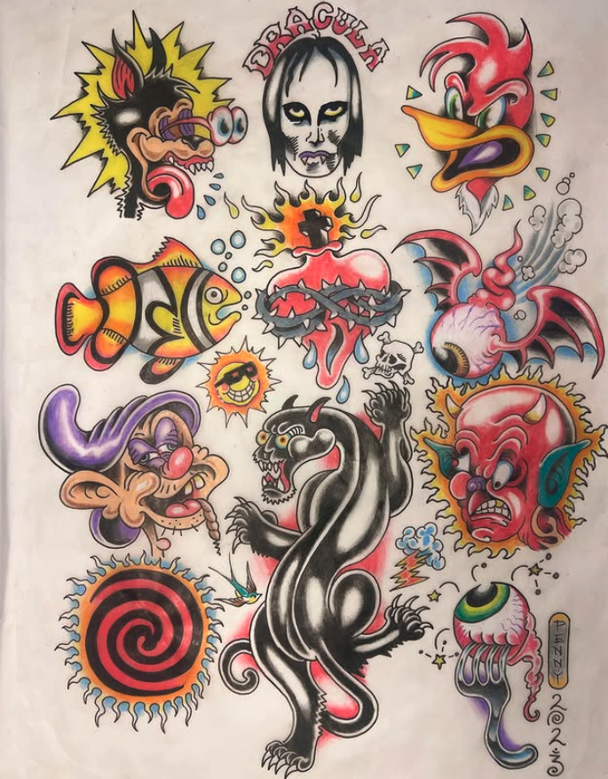 A collection of colorful, cartoon-style tattoo designs including a wolf with glasses, a face with 'DRACULA' written above, a jagged-beak bird, a yellow and black fish, a heart with flames and barbed wire, a pink squid with wings, a purple nose charac