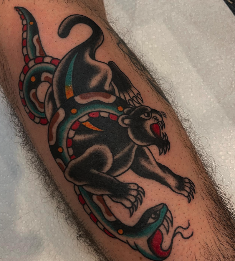 Tattoo of a black panther with its mouth open, snarling, surrounded by a colorful snake with a patterned body, on a person's arm.