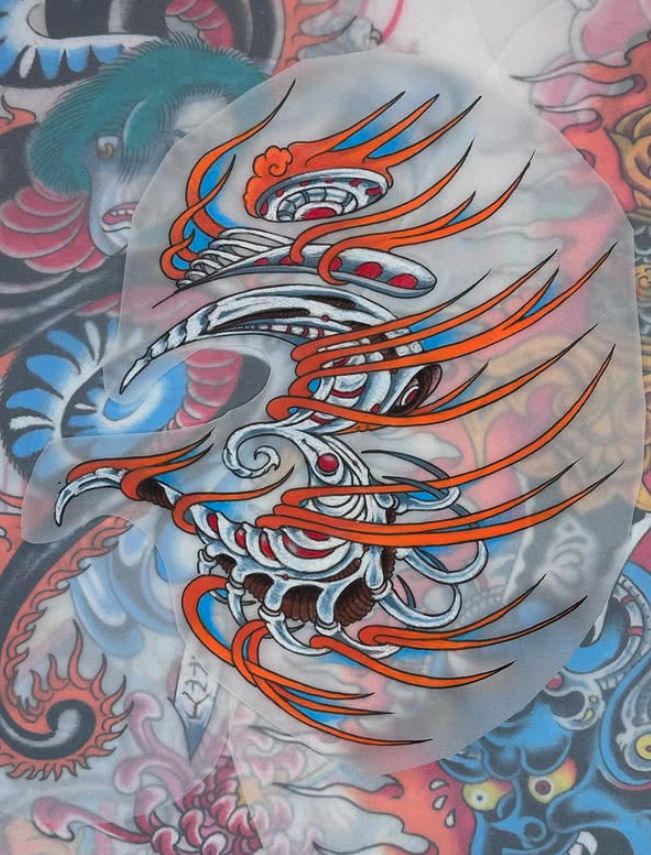 Colorful tattoo-style illustration of a futuristic robot dragon with orange and blue accents.