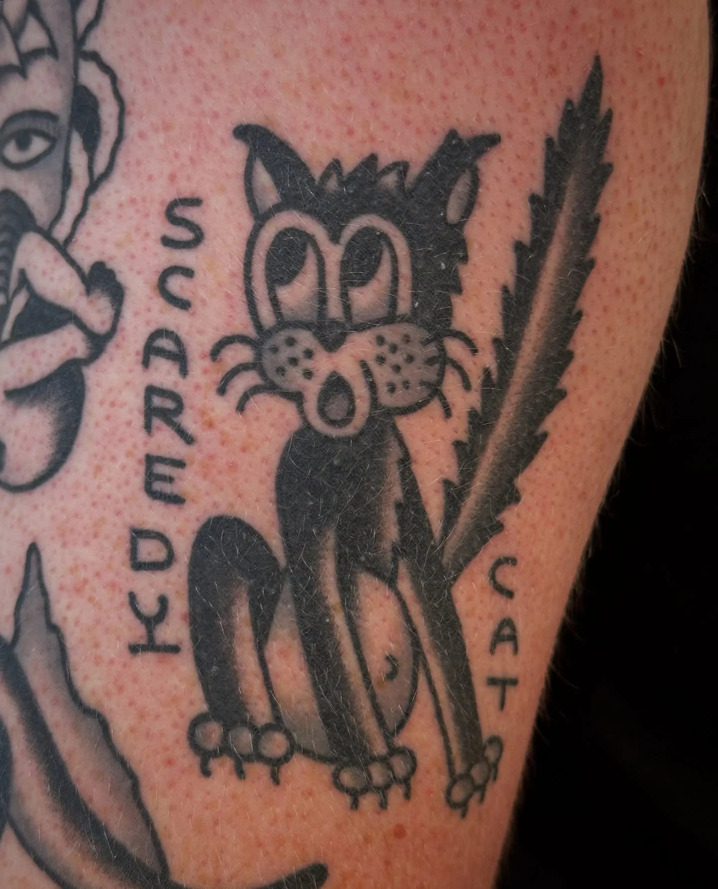 Tattoo of a cartoon style cat with large eyes, sitting with a tail raised, accompanied by the words 'saredyou' and 'cat'.