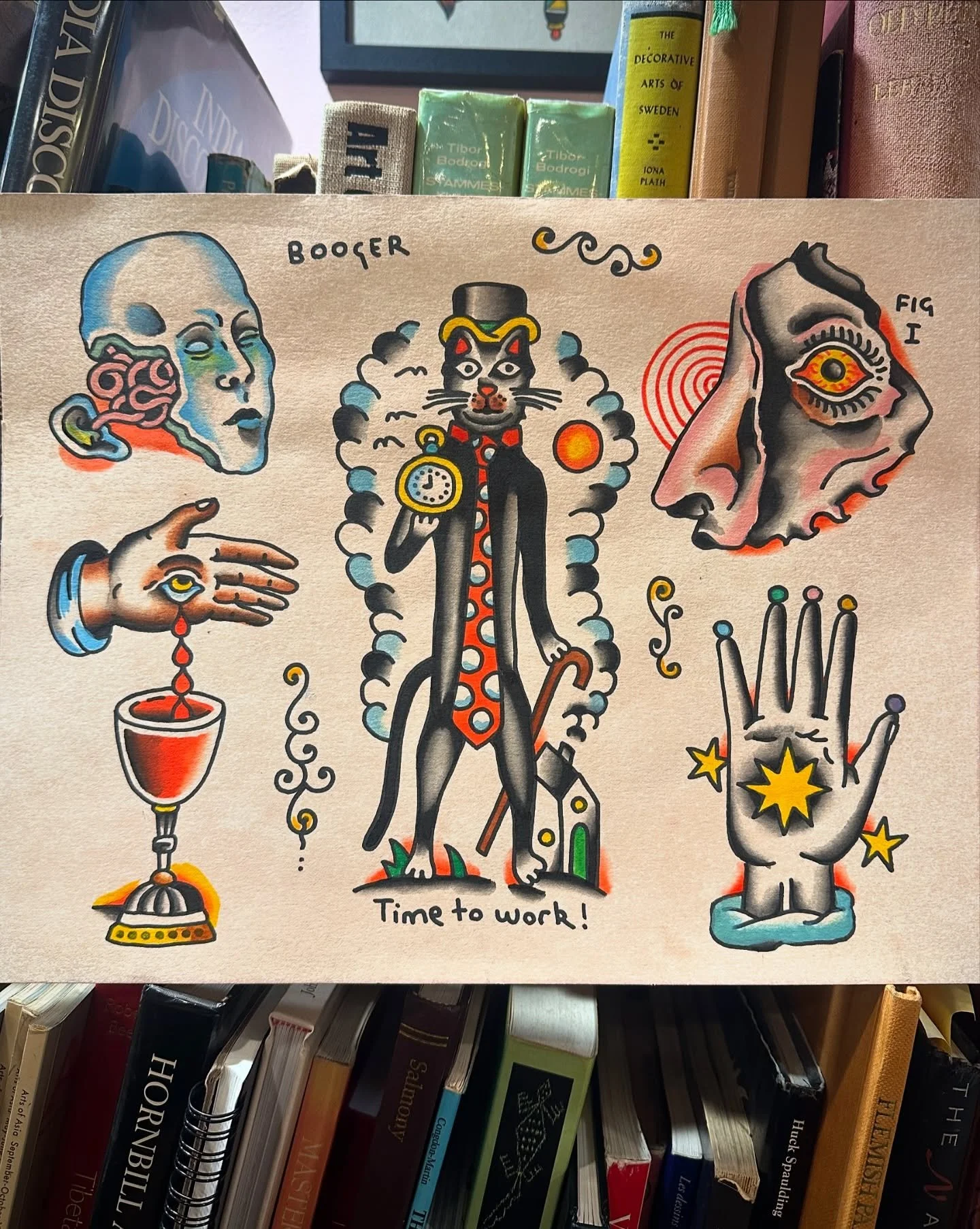 A collection of colorful and surreal cartoon-style tattoos on paper, featuring various imaginative images including a human skull with a pink brain, a hand with an eye in the palm and stars around it, a man with a cat's head in a top hat and a tie, a