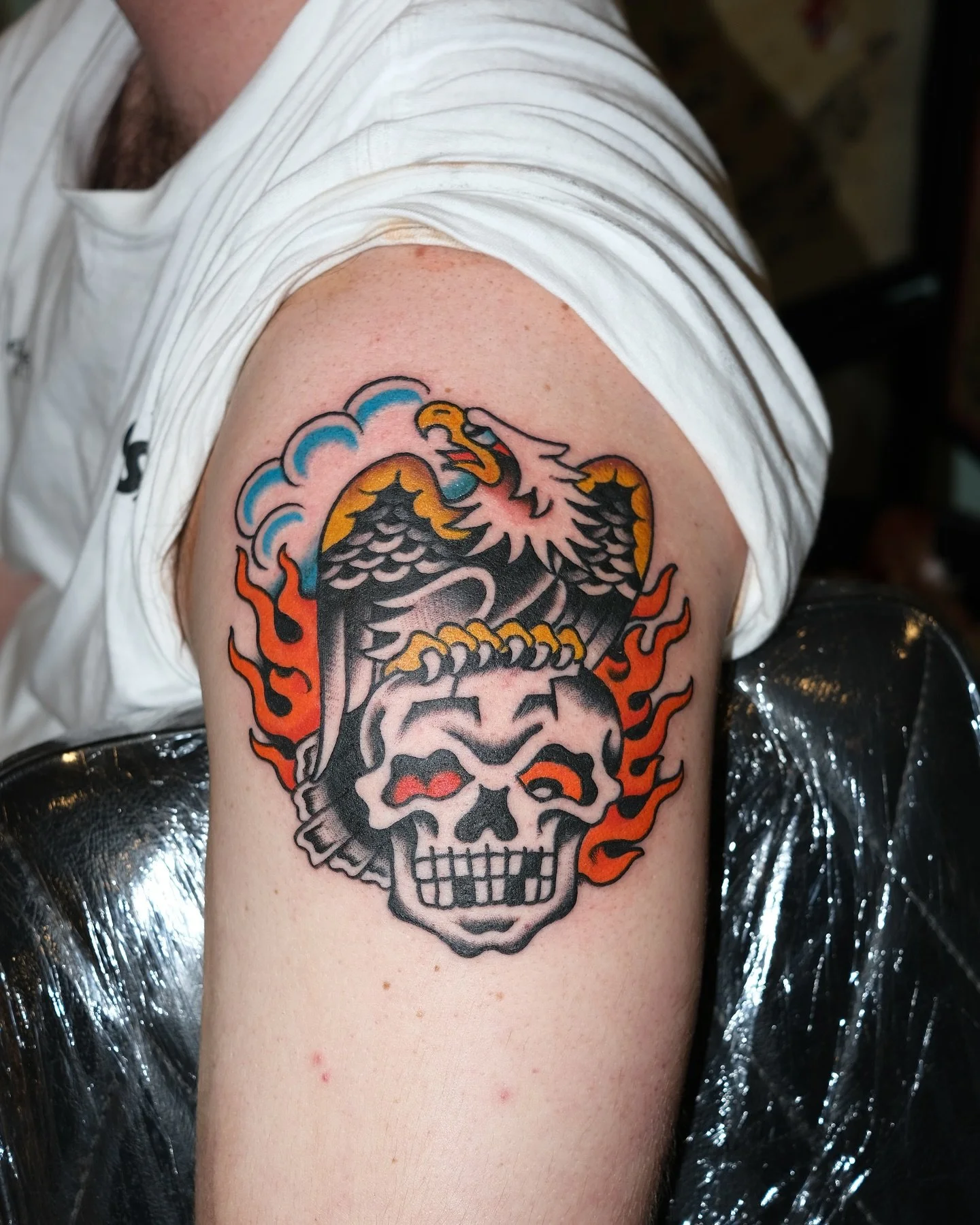 Traditional colour skull and eagle tattoo made by Benjamin Hastings at Tattoo Rosies, Surry Hills, Sydney 