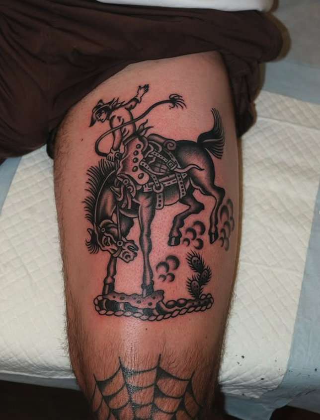 Traditional black and grey western cowgirl tattoo made by Benjamin Hastings at Tattoo Rosies, Surry Hills, Sydney 