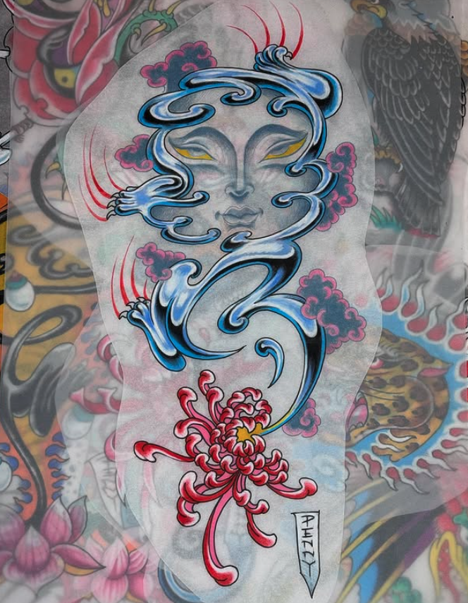 Tattoo design featuring a stylized woman's face with closed eyes, surrounded by flowing blue and white smoke, pink clouds, and a red floral element at the bottom.