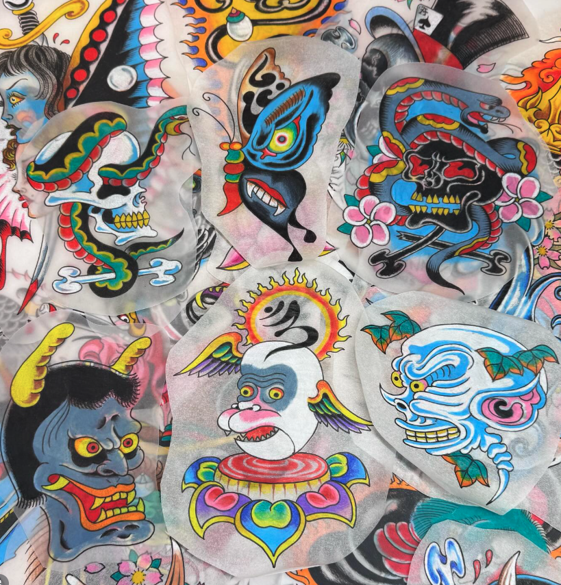 Collection of traditional Japanese tattoo-style stickers featuring mythological creatures, demons, and symbolic images with vibrant colors.