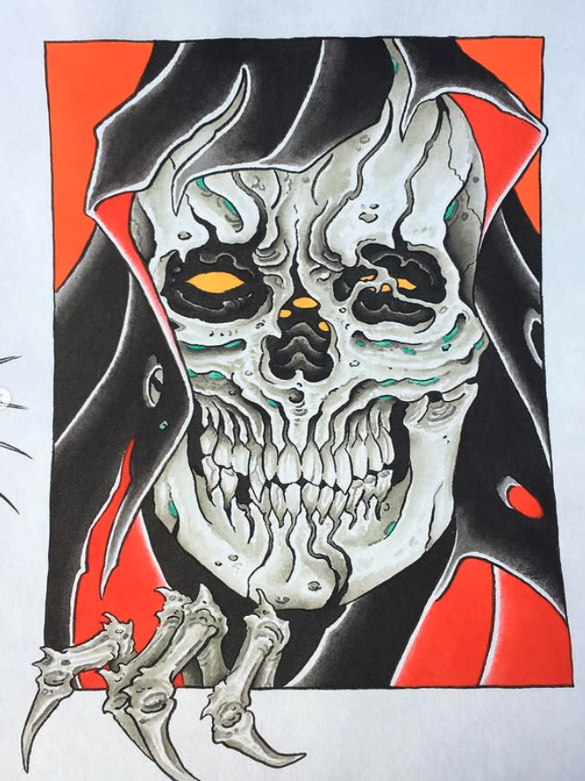 A drawing of a skeleton face with hollow eyes and a skull, wearing a hooded garment with red and black colors, depicted in a stylized manner.