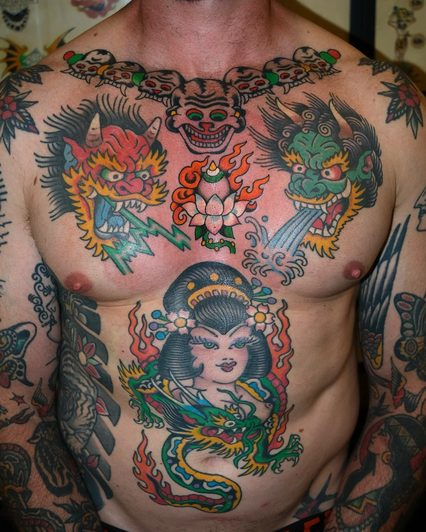 Traditional colour front torso tattoos made by Benjamin Hastings at Tattoo Rosies, Surry Hills, Sydney 