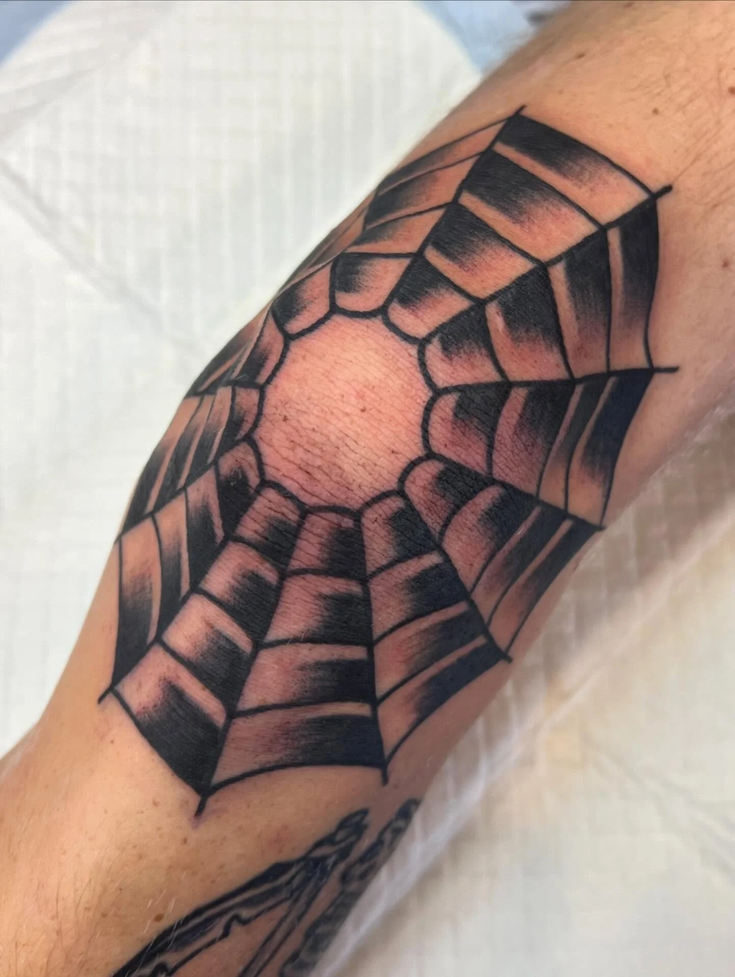 Tattoo of a spider web on the arm.