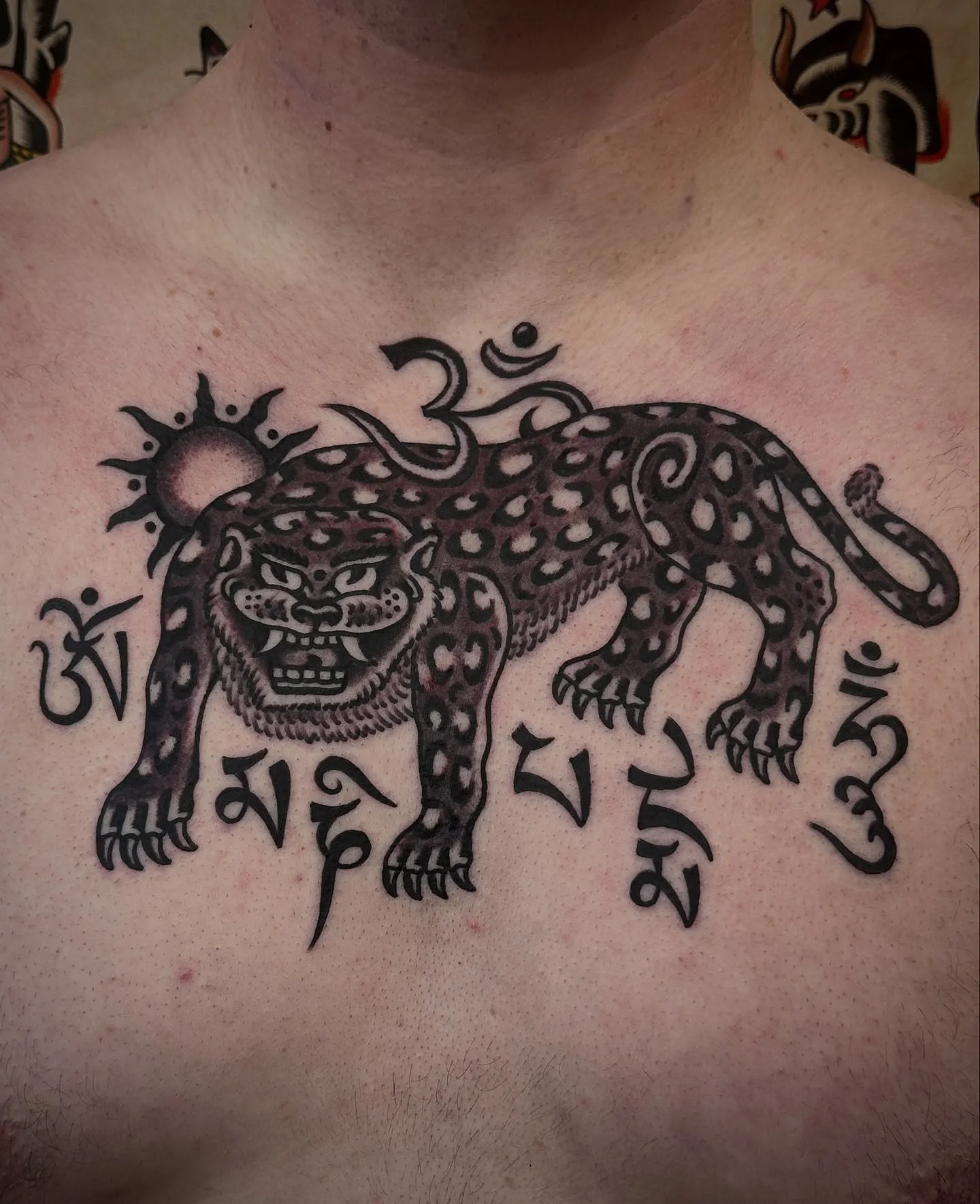 Traditional black and grey tattoo of a Tibetan tiger made at Tattoo Rosie's Surry Hills, Sydney