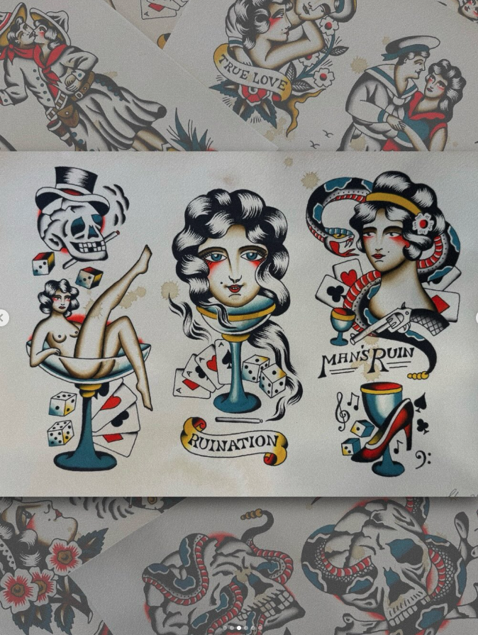 Tattoo flash sheet featuring vintage-style artwork with women, skulls, dice, and playing cards, with themes of love, ruin, and seduction.