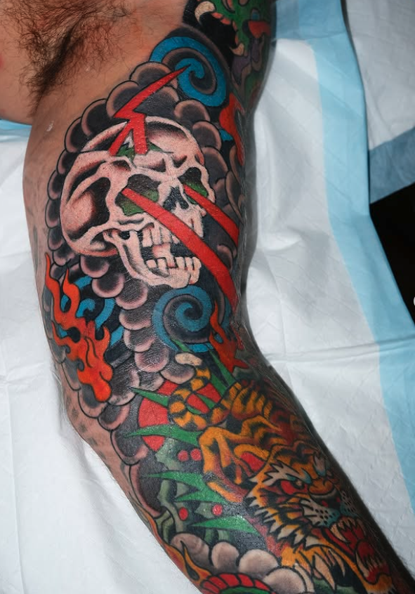 Traditional colour sleeve tattoo made by Benjamin Hastings at Tattoo Rosies, Surry Hills, Sydney 