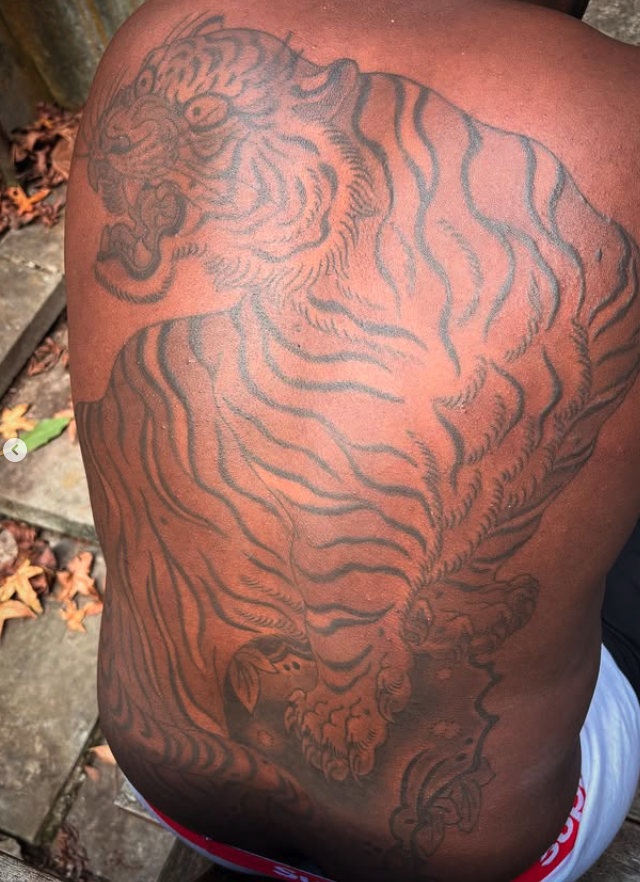 Tattoo of a tiger on a person's side.