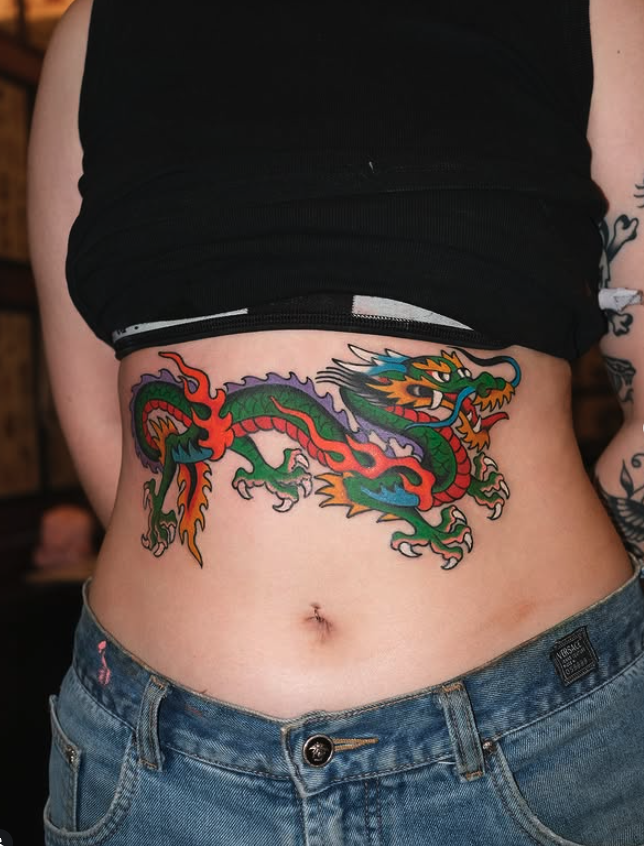 Traditional colour dragon stomach tattoo made by Benjamin Hastings at Tattoo Rosies, Surry Hills, Sydney 