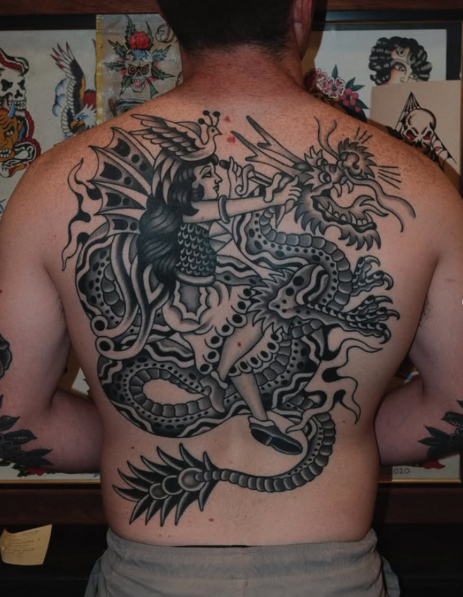 Traditional black and grey chest piece tattoo made by Benjamin Hastings at Tattoo Rosies, Surry Hills, Sydney 