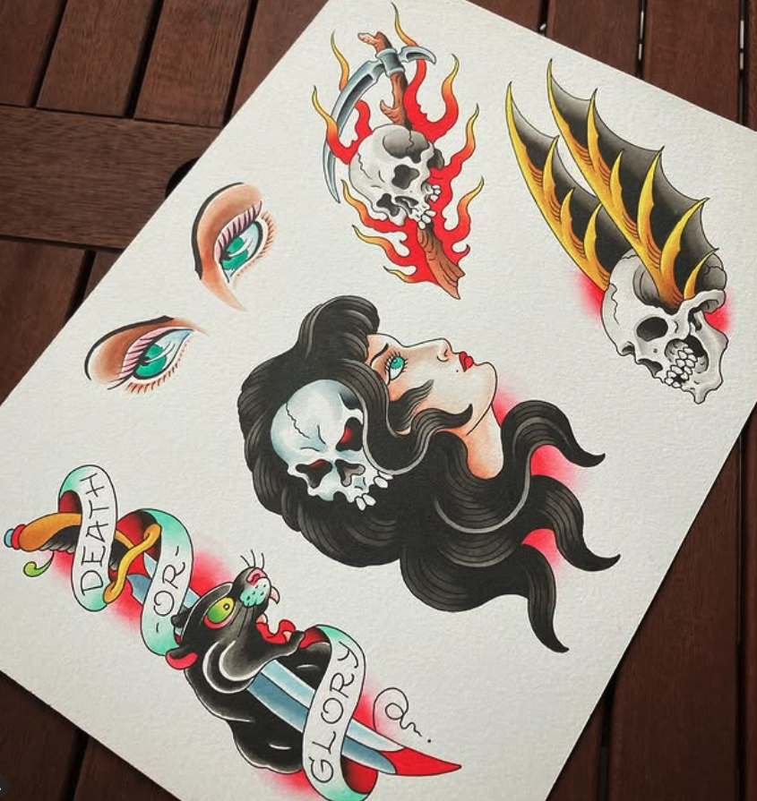 Collection of tattoo-style illustrations including a woman's profile with flowing black hair and a skull, a skull with fire and a sword, a skull with flames and swords, a pair of eyes, a serpent with the text 'Death Before Glory', and a stylized cat 