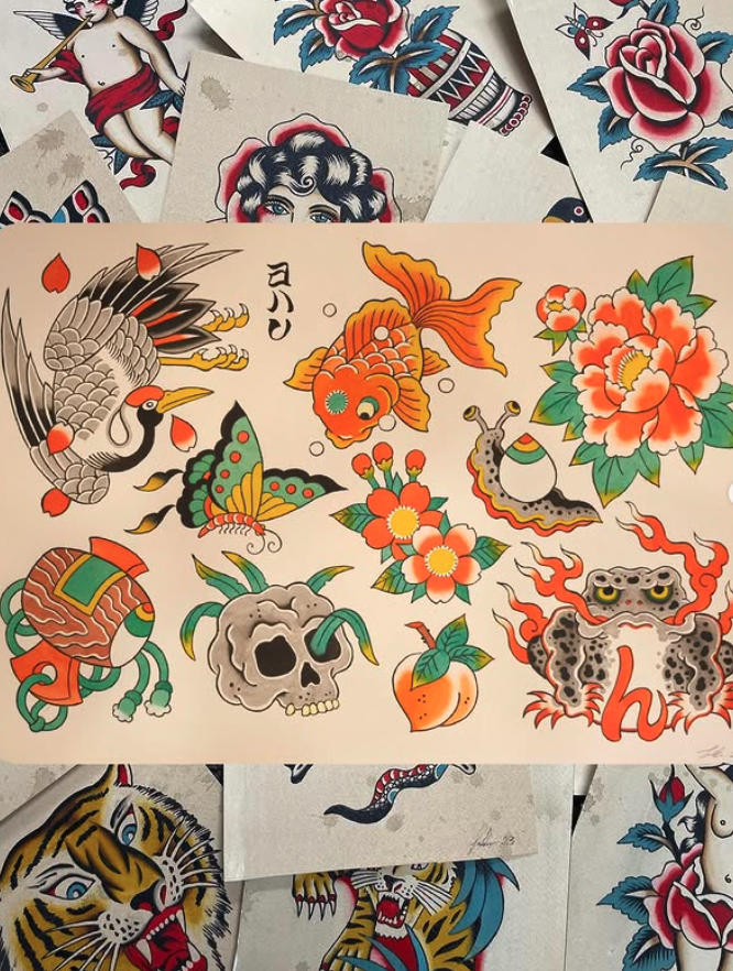 Tattoo flash sheet with traditional American tattoo designs, including a koi fish, a skull, a tiger, flowers, a butterfly, a frog, and a snake.