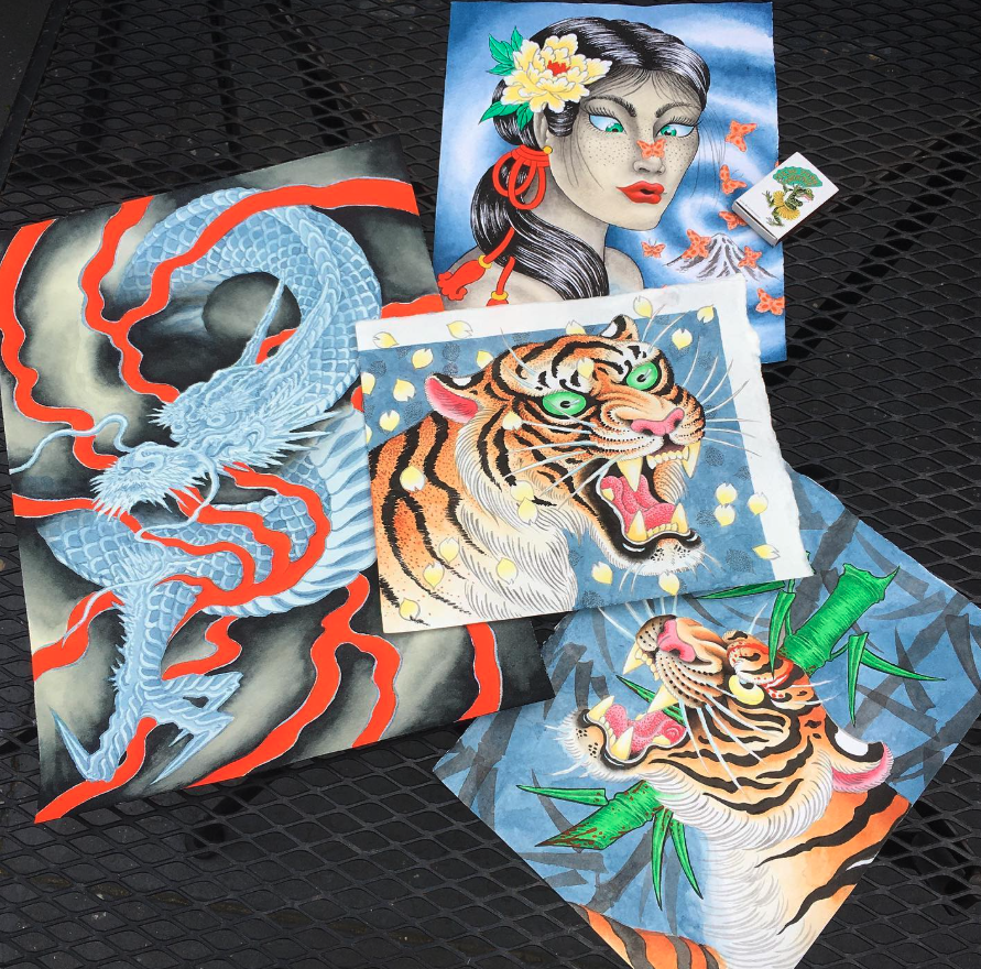 Collection of artwork including a blue dragon, a woman's portrait with flowers and earrings, a fierce tiger with green eyes, and another tiger with bamboo, all with vibrant colors.
