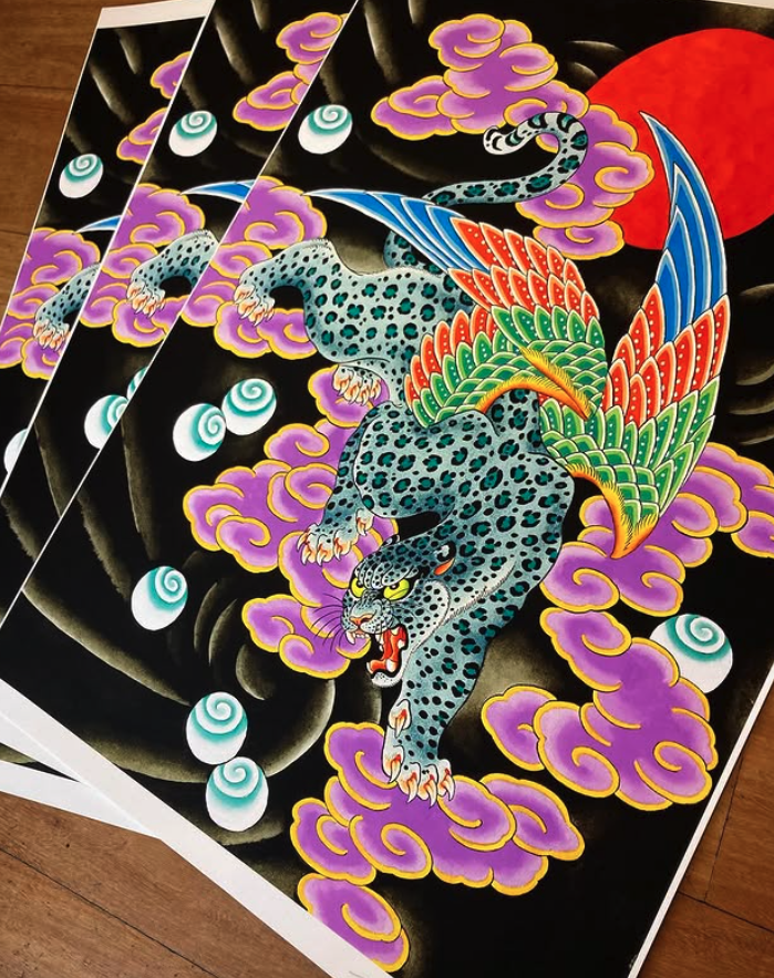 A colorful depiction of a tiger with wings flying through purple clouds, with a red sun in the background and swirling white orbs around it.